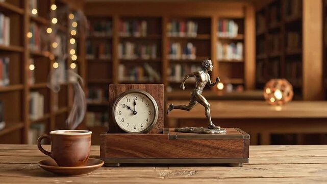 Steaming Coffee Mug with Clock and Runner Statue on Wooden Table in Classic Library Interior with Bookshelves and Warm Lighting Time Management Still Life Composition