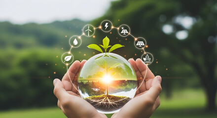Protecting our planet: Hands holding globe with green energy icons