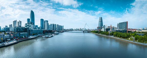Panoramic cityscape of the modern financial district with a cable-stayed bridge crossing the wide...