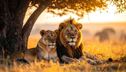 Lion and Lioness Resting Under a Tree at Golden Hour in African Savanna