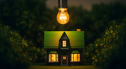 Energy efficient home illuminated by bright light bulb shining above