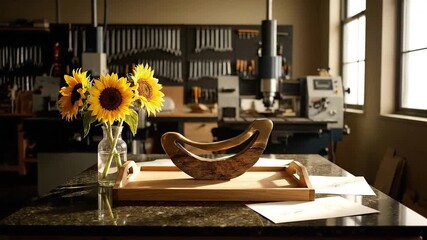 Sunflowers in Glass Vase with Wooden Rocking Chair Model on Marble Table in Carpentry Workshop with Array of Tools Warm Lighting Industrial Interior Decor and Art - Powered by Adobe