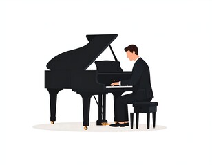 A figure plays a grand piano, side profile