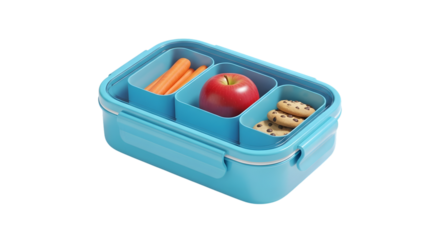 Blue lunch box isolated on transparent background, a container used to carry food for a meal, typically to school, work, or on a trip