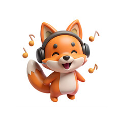 Cheerful Cartoon Fox Enjoying Sounds Cute Character with Headphones Dancing with Musical Notes Playful Design for Animation Childlike Joy and Happiness Isolated on White Background