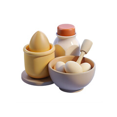 Breakfast Still Life 3D Rendered Composition of Eggs in Bowl Egg Cup Milk Bottle and Whisk Beige Tones Kitchenware Isolated on White Background Nutrient Rich Food Elements