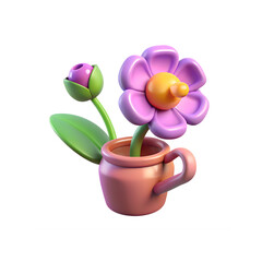 Flower in Cup Cute Cartoon Plant with Purple Blossom and Bud Artistic Design 3D Rendered Image of Indoor Houseplant in Ceramic Pot Isolated on White Background Promoting Growth and Beauty