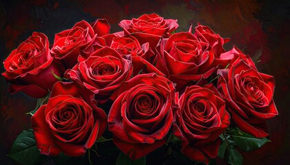Obraz premium Lush Bouquet of Deep Red Roses with Sparkling Dew Drops on Dark Textured Background