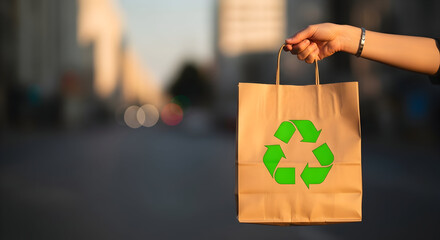 Sustainable shopping bag with green recycle symbol held outdoors