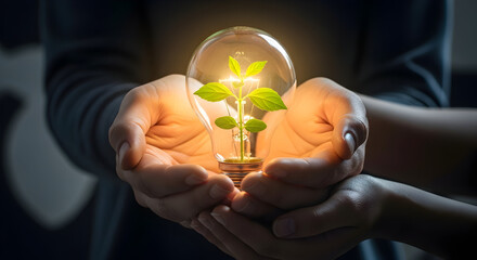 Hands cradle glowing lightbulb with vibrant green sprout, symbolizing new ideas