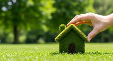 Green home symbol touched by hand in lush sunny garden