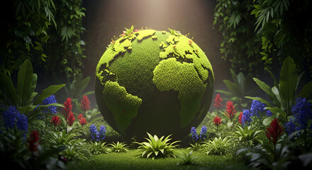 Lush green Earth globe thrives amidst vibrant jungle flora and flowers
