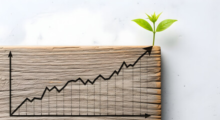 Green sprout emerges from wooden board with upward trending graph