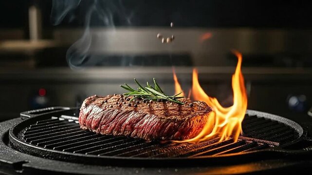 Aromatic Steak on Flaming Grill with Rosemary and Pepper Falling in Slow Motion Red Meat on Black BBQ with Fire Flames Food Preparation for Restaurant Menu Ads and Culinary Content Creation