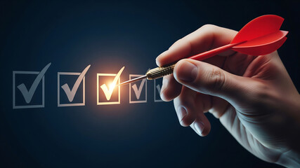 Hand holding dart aiming at checklist item