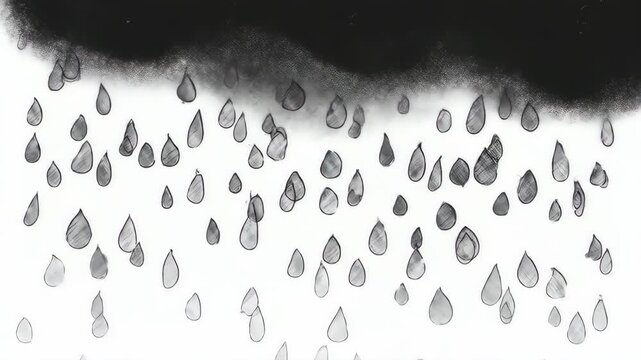 A grayscale illustration depicting a rain cloud with falling raindrops