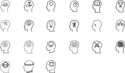 Unlock your potential with creative mindset icons that illustrate ideas, innovation, and mental health, perfect for business and wellness designs