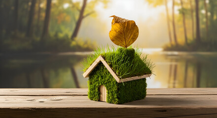 Charming miniature house covered in lush moss and grass with autumn leaf