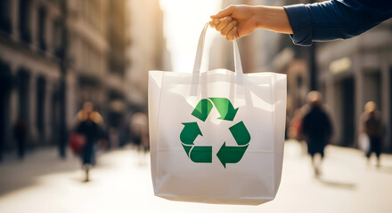 Eco-conscious shopper carries reusable bag with recycling symbol through city street