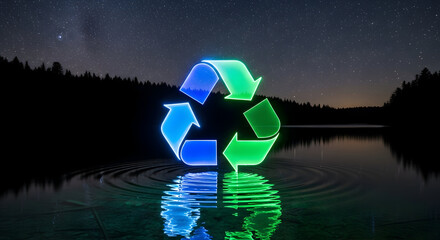 Luminous recycling symbol glows over tranquil lake under starry night sky
