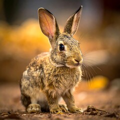 Obraz premium A fluffy brown rabbit sitting upright, ears perked, with a soft background