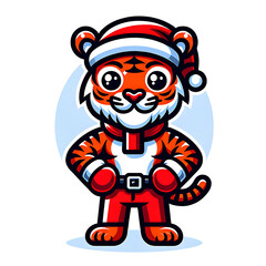 Festive Cartoon Tiger with Santa Hat: Vibrant Holiday Illustration for Children's Designs and Year of the Tiger Celebrations