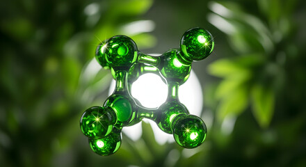 Vibrant green molecule structure glowing with bright light, science innovation