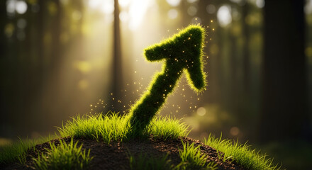 Green arrow symbol on grassy mound with bright forest sunlight and sparkles