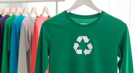 Sustainable fashion green t-shirt with recycling symbol on hanger