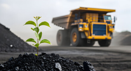 New growth sprouts from coal pile with giant mining truck in background