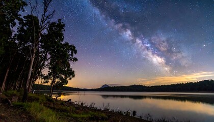 Fototapeta premium Starlit sky reflected in tranquil water with silhouetted trees