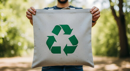 Person holds reusable tote bag with green recycling symbol outdoors