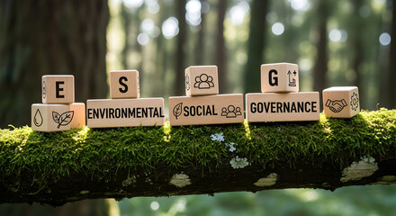 ESG concept on wooden blocks in nature, environmental social governance