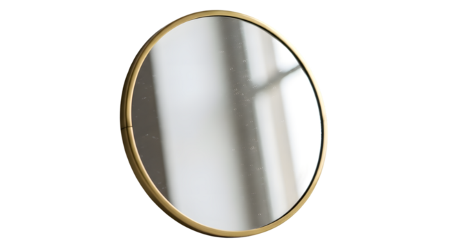 Round mirror with golden frame isolated on transparent background modern interior design element reflection of window in the mirror surface