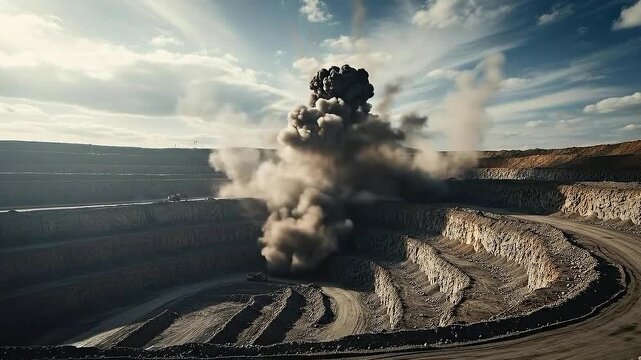 Explosive Demolition at a Stone Quarry Under a Cloudy Blue Sky  Massive Orange Blast Creating a Shockwave of Debris in an Opencast Mining Landscape Against the Skyline