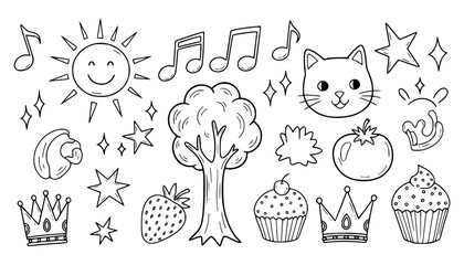 Vector art of collection of handdrawn doodle elements including a smiling sun, musical notes, a cat face, stars, a tree, a mushroom, a strawberry, a tomato, crowns, and cupcakes