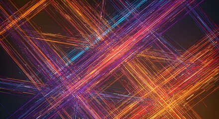 Abstract artwork features colorful, intersecting lines against a dark background, evoking motion
