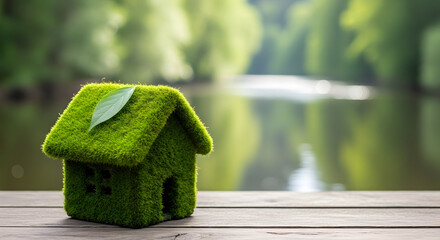 Sustainable eco house concept with green moss and leaf detail