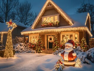 Modern House with Christmas Lights and Snow-Covered Roof, Santa Claus Statue in Front Yard, Fine Art Photography with Evening Lighting.