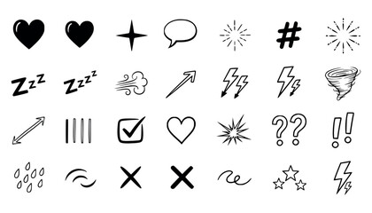 Vector art of a collection of handdrawn doodle icons and symbols isolated on a, including hearts, stars, lightning, and checkmarks