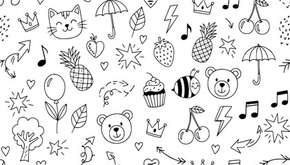 Vector art of seamless pattern with handdrawn doodle elements like cats, bears, crowns, pineapples, strawberries, cherries, cupcakes, music notes, umbrellas, and lightning bolts
