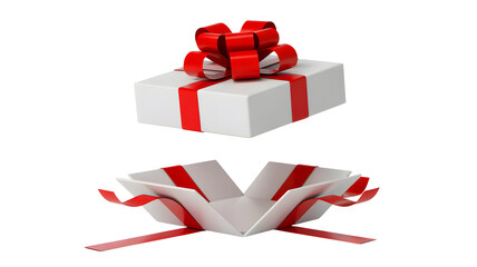 A closed white gift box with a red ribbon and bow sits above an open gift box with a red ribbon and bow isolated on transparent background