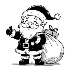 Cheerful Hand-Drawn Santa Claus Cartoon with Gift Bag: Black and White Festive Vector Art for Christmas Decorations and Holiday Season Celebrations