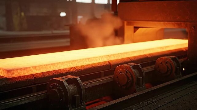Glowing Hot Steel Slab on Industrial Conveyor at Steel Mill With Bright Orange Hue And Billowing Smoke Steel Manufacturing Equipment Continuous Casting in Heavy Industry Factory