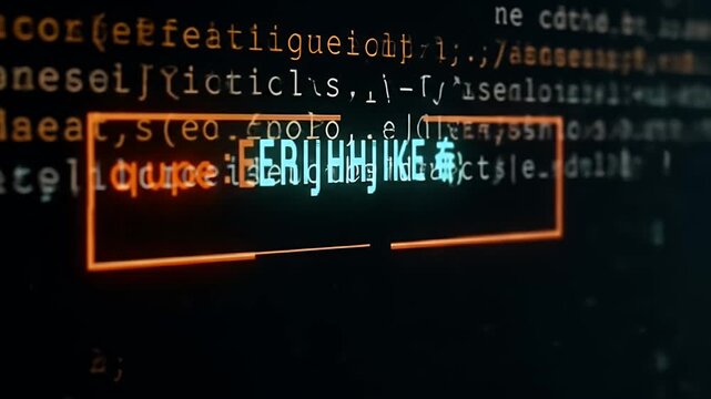 Abstract Code Scrolling on Dark Screen with Orange Highlight