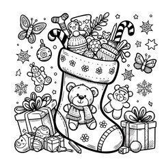 Christmas Stocking and Festive Decorations Line Art with Teddy Bear and Candy Canes - Creative Coloring Page for Holiday Spirit and Christmas Cheer