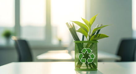 Green office plant with recycling symbol brings fresh eco-friendly workspace vibes