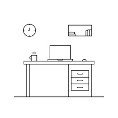 Office desk line art illustration on white background. Simple workspace illustration for productivity, work, and study concept. Vector design for office room, organization, and business theme