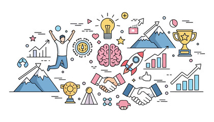 Vector art of business startup concept with elements like brain, lightbulb, rocket, handshake, graph, mountain, trophy, and happy person jumping