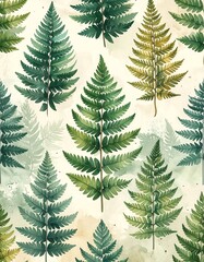 Obraz premium Watercolor illustration of ferns arranged in a repeating pattern